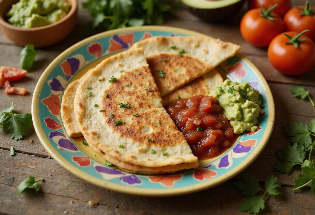 Deliciously served quesadilla wedges with salsa and guacamole, an enticing display of a full quesadilla recipe ready to enjoy.