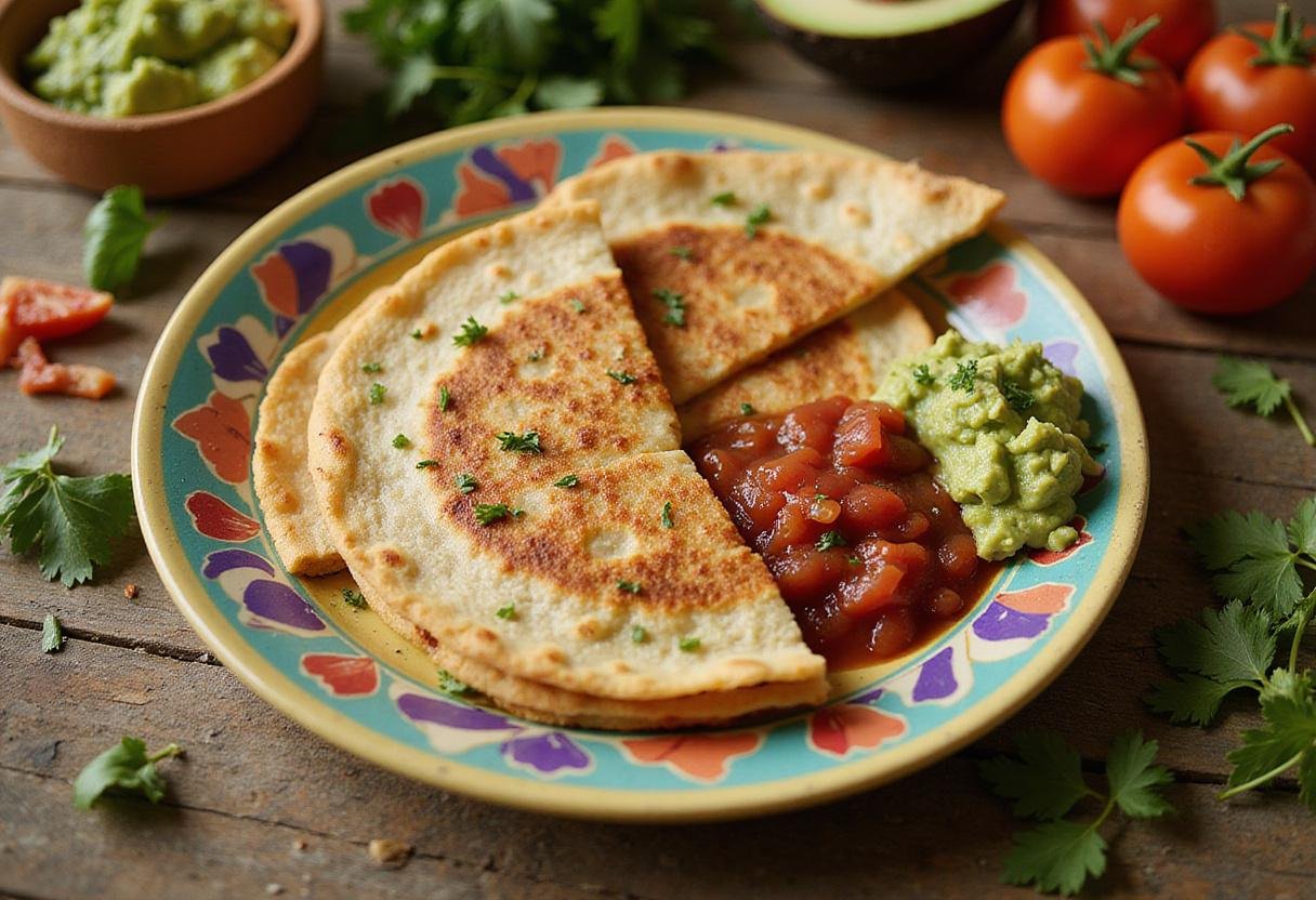 Deliciously served quesadilla wedges with salsa and guacamole, an enticing display of a full quesadilla recipe ready to enjoy.