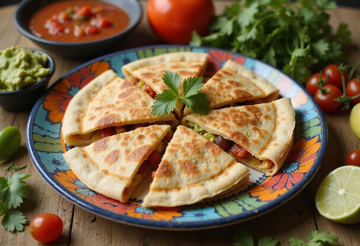 Deliciously served quesadilla wedges with salsa and guacamole, an enticing display of a full quesadilla recipe ready to enjoy.