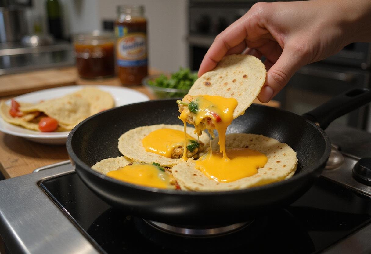 Cooking quesadillas in a skillet with melted cheese and colorful vegetables, capturing the essence of a delicious quesadilla recipe.