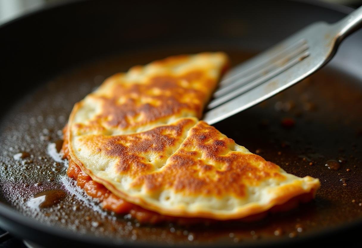 Flipping a golden-brown quesadilla in a skillet, showcasing a perfect cooking technique for the best quesadilla recipe.