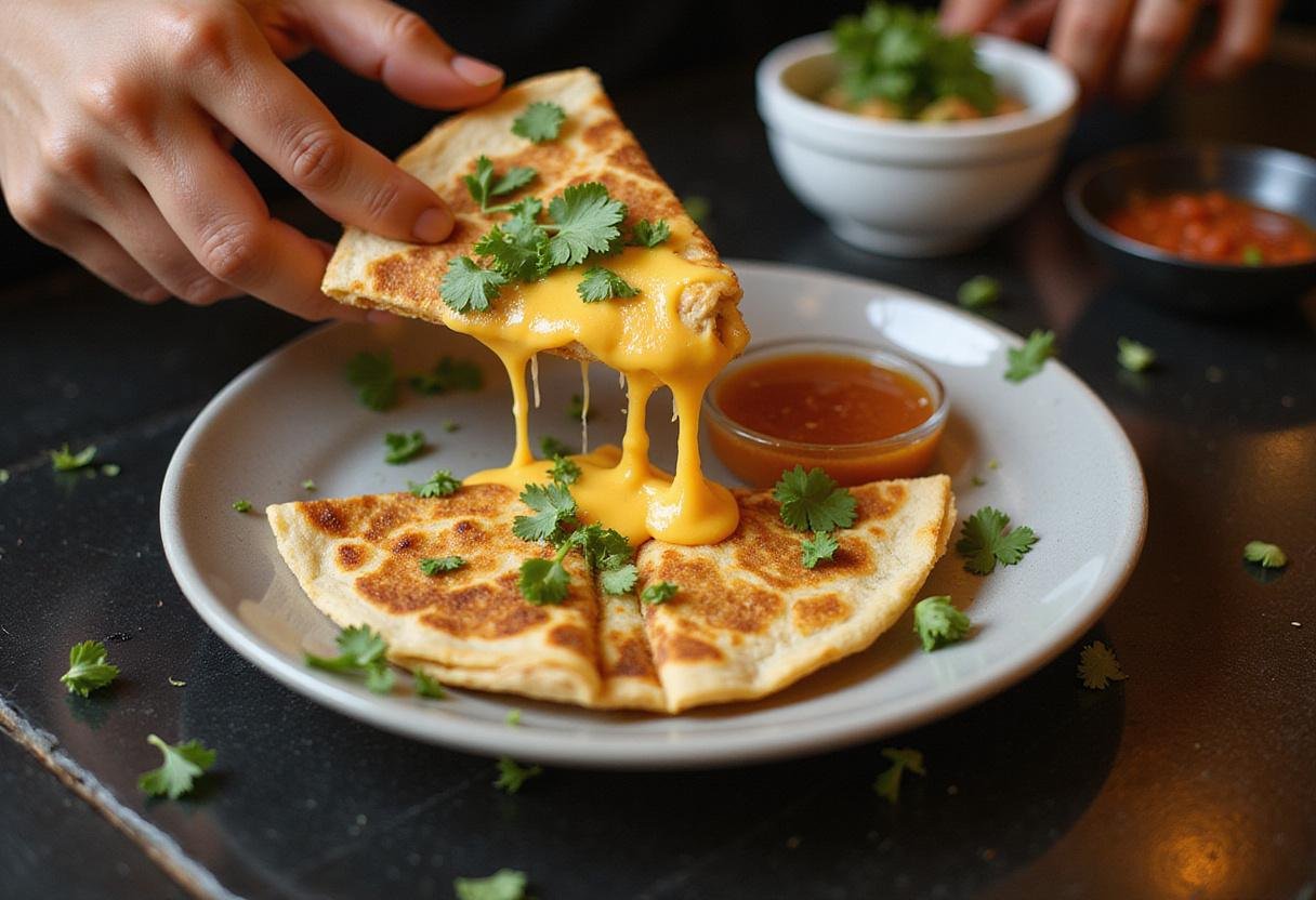 Perfectly cooked quesadilla on a plate, garnished and ready to serve, highlighting the final stages of a delicious quesadilla recipe.