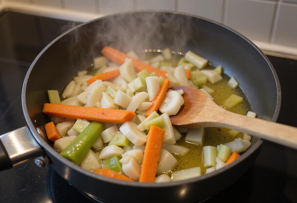 Preparation of busy day soup with sautéed onions, carrots, and celery for a quick & easy recipe.