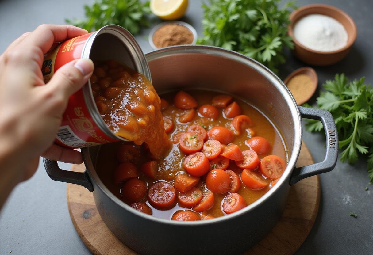 Adding diced tomatoes and broth to the busy day soup mix for an easy and flavorful cooking experience.
