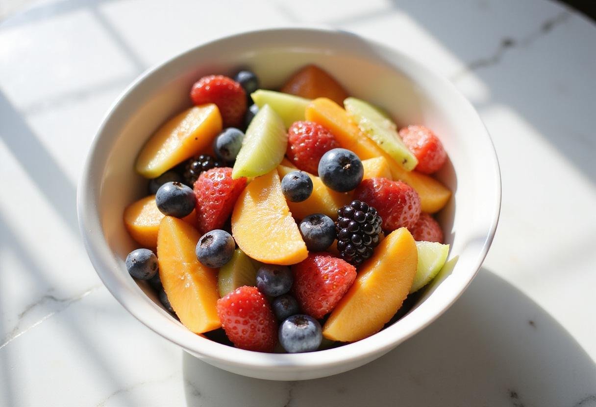 Stunning display of a radiant rainbow fruit salad recipe, showcasing an explosion of colors and freshness in a beautifully arranged bowl.