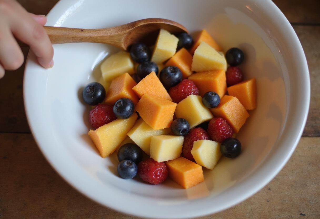 Mixed colorful fruits in a bowl, demonstrating the vibrant blend in this refreshing fruit salad recipe.