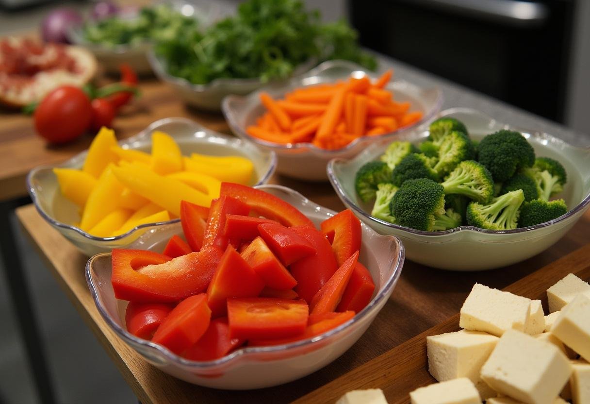 Chopped vegetables and tofu cubes prepared for a Rainbow Veggie & Tofu Bowl.