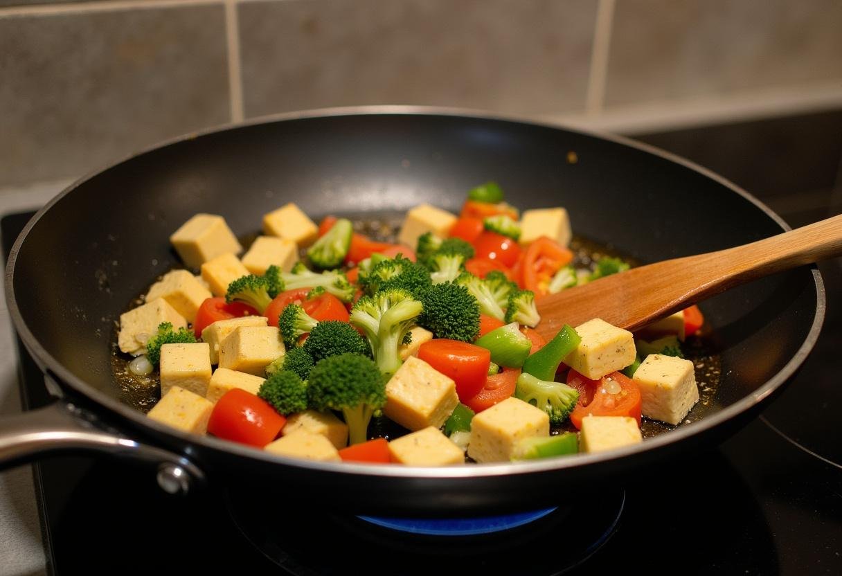Vegetables and tofu being sautéed in a frying pan for Rainbow Veggie & Tofu Bowl.