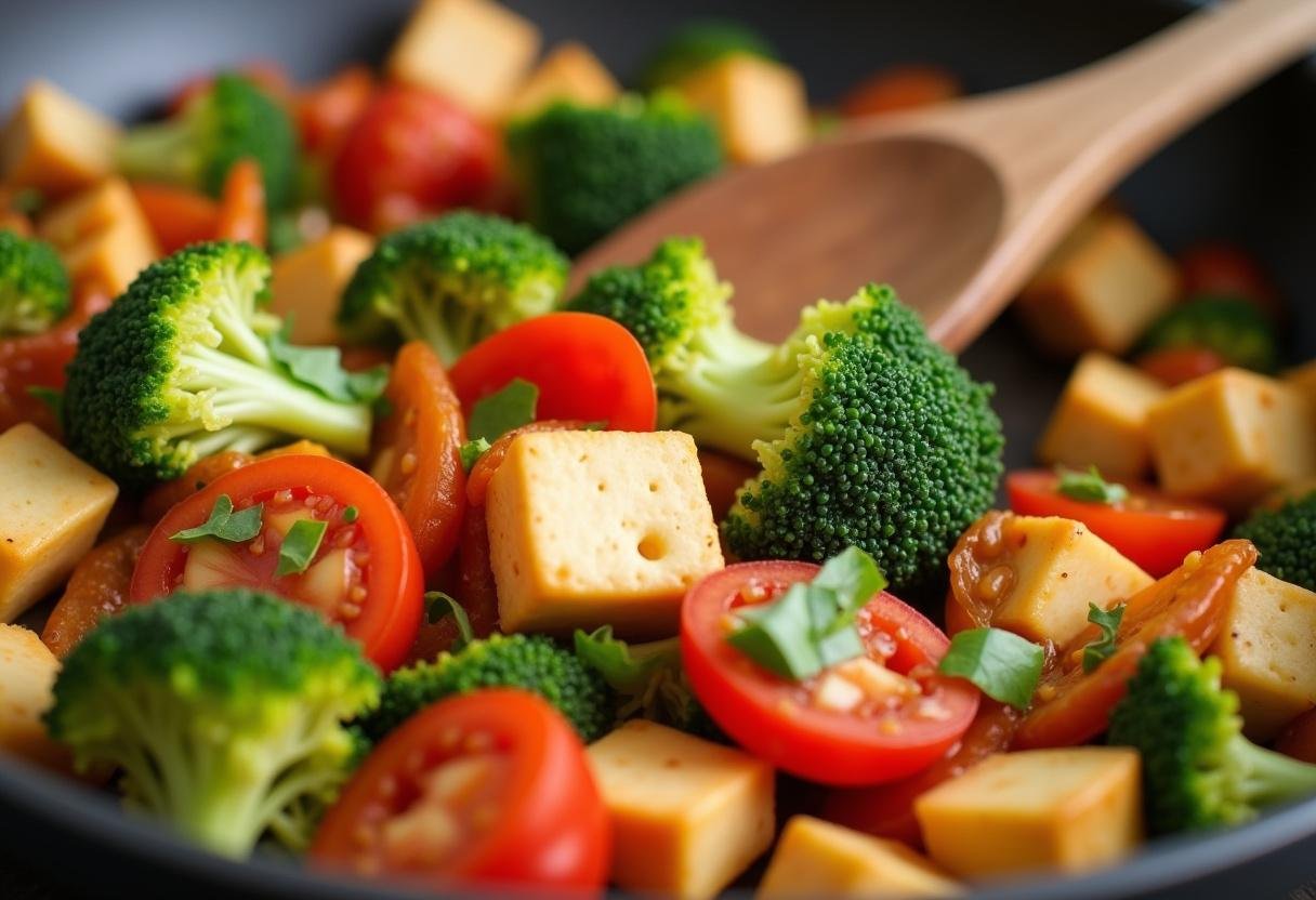 Stirring sautéed vegetables and tofu for a colorful Rainbow Veggie & Tofu Bowl preparation.