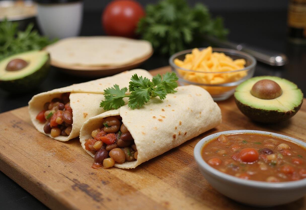 Fresh ingredients for ranchero burrito feast displayed in a bright kitchen, including tortillas, beans, and salsa for delicious ranchero style burritos.