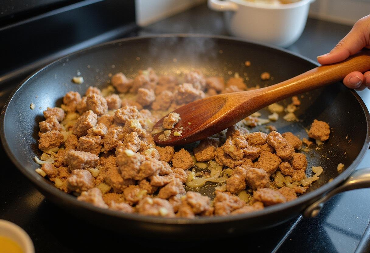 Seasoned ground meat sautéing in a skillet to create a flavorful filling for ranchero burritos, capturing the essence of a homemade ranchero style feast.