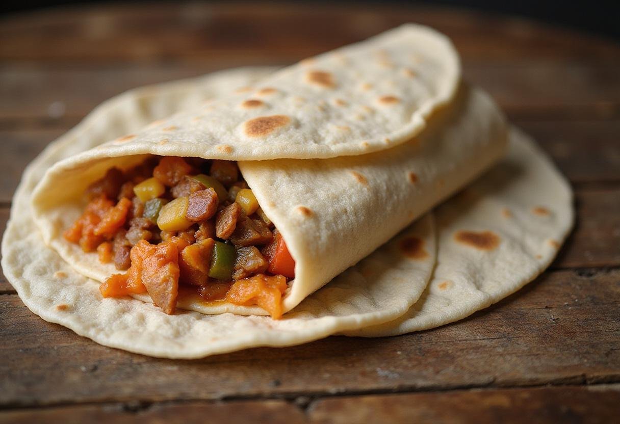 Rolling up a ranchero burrito filled with tasty ingredients, creating a fresh and inviting look as it prepares for serving.