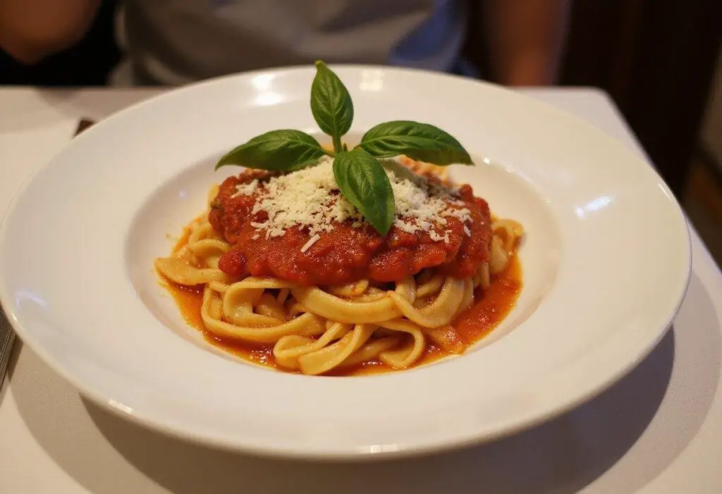 Delicious pasta topped with rich San Marzano tomato sauce garnished with basil and Parmesan.