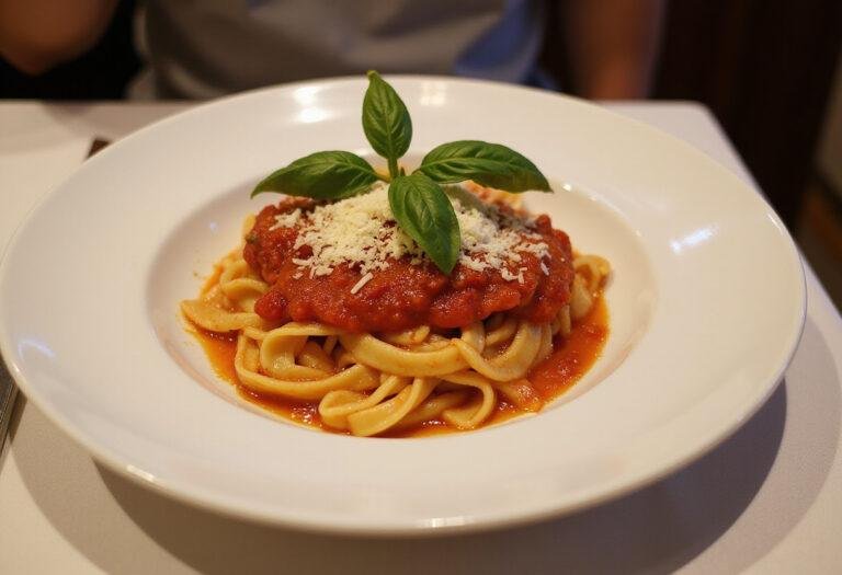 Delicious pasta topped with rich San Marzano tomato sauce garnished with basil and Parmesan.