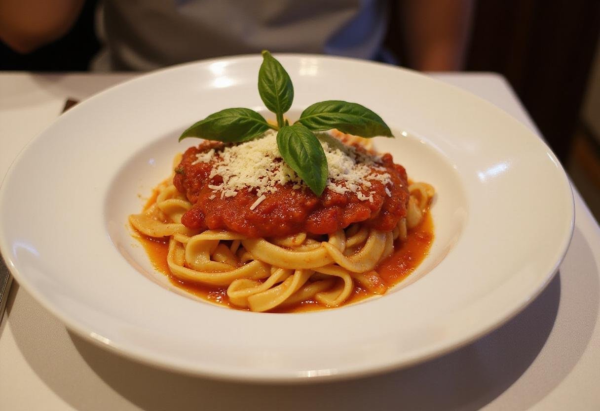Delicious pasta topped with rich San Marzano tomato sauce garnished with basil and Parmesan.