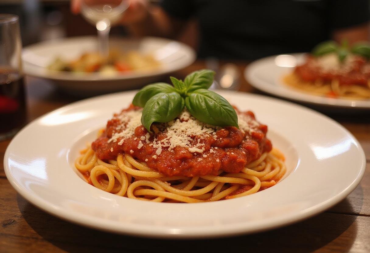 Delicious pasta topped with rich San Marzano tomato sauce garnished with basil and Parmesan.