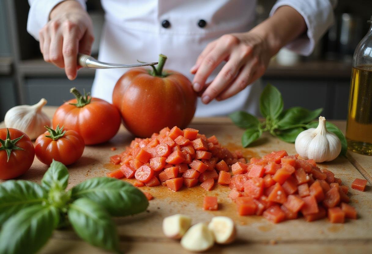 Fresh San Marzano tomatoes and garlic on a cutting board for Rich San Marzano Tomato Sauce preparation.