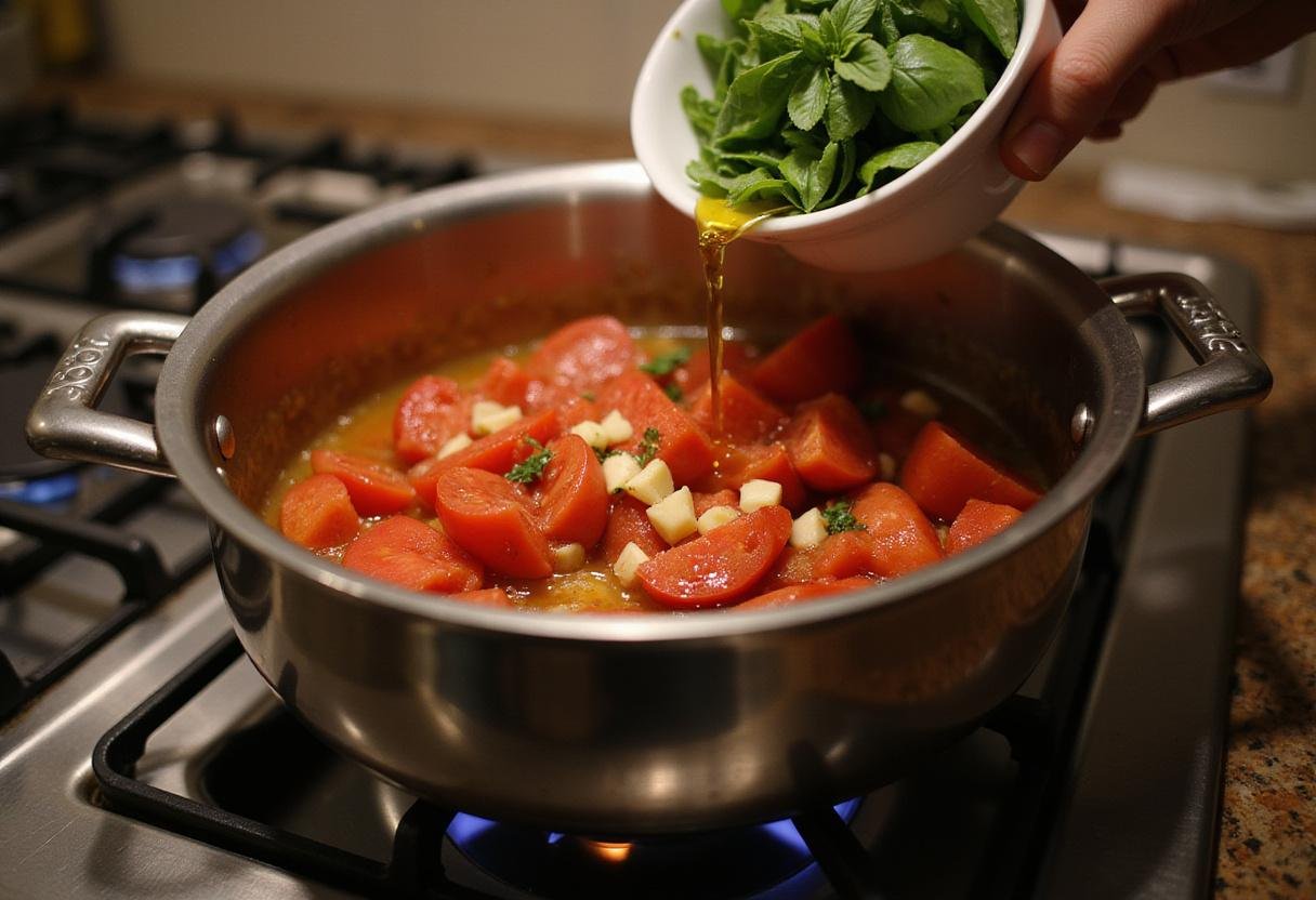 Cooking diced San Marzano tomatoes and garlic in a pot for a delicious sauce.