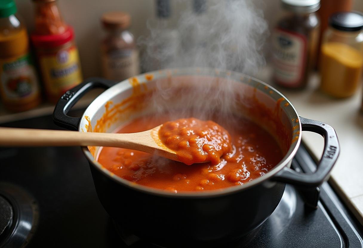 Simmering San Marzano tomato sauce on the stove, rich in flavor and aroma.