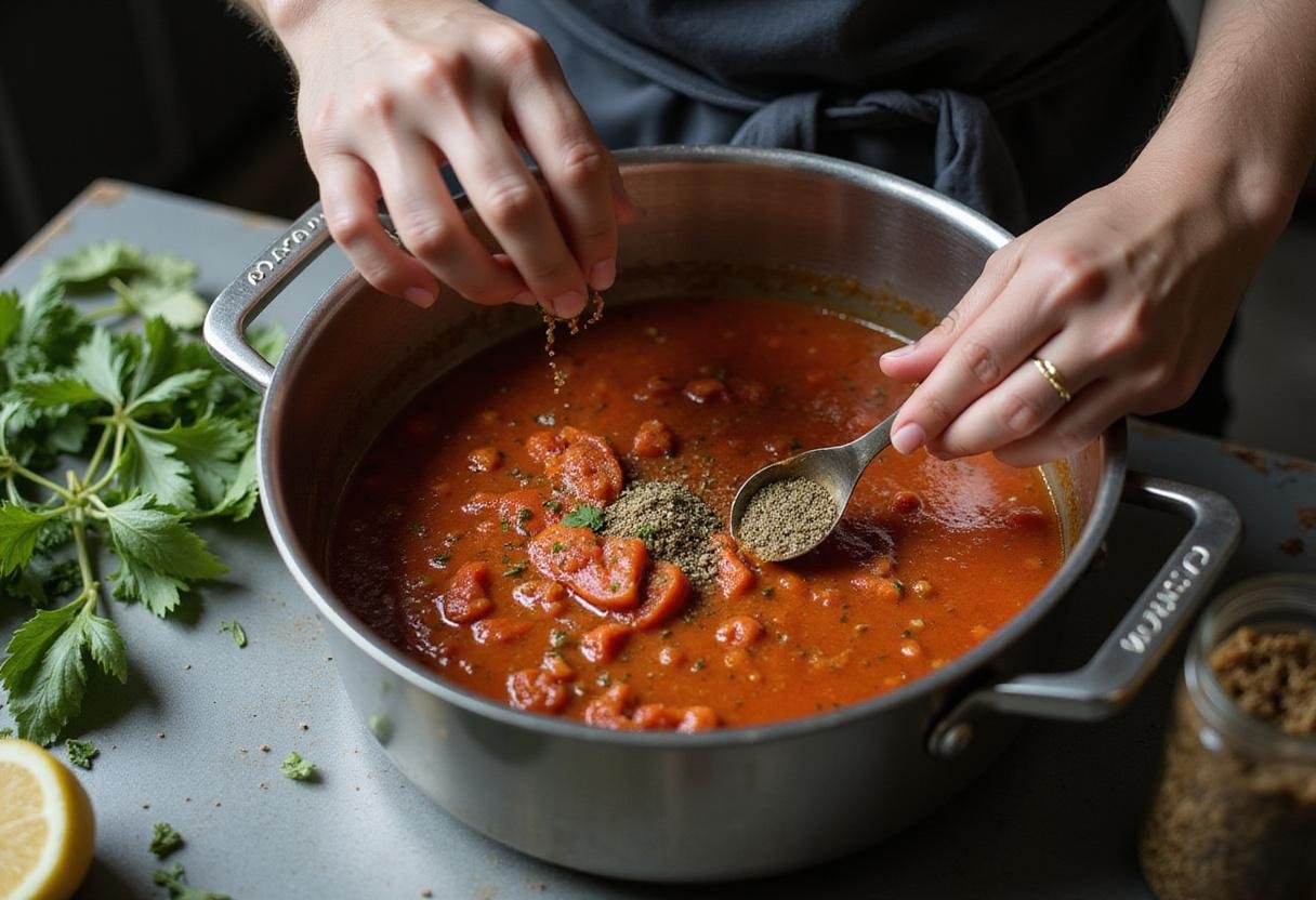 Seasoning a rich San Marzano tomato sauce with fresh herbs for enhanced flavor.