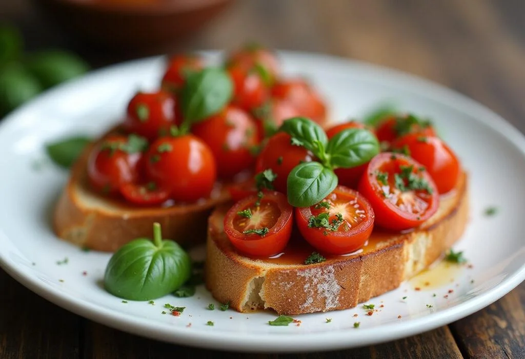 Finished Roasted Garlic Tomato Bruschetta arranged on a plate, perfect for appetizers or gatherings.