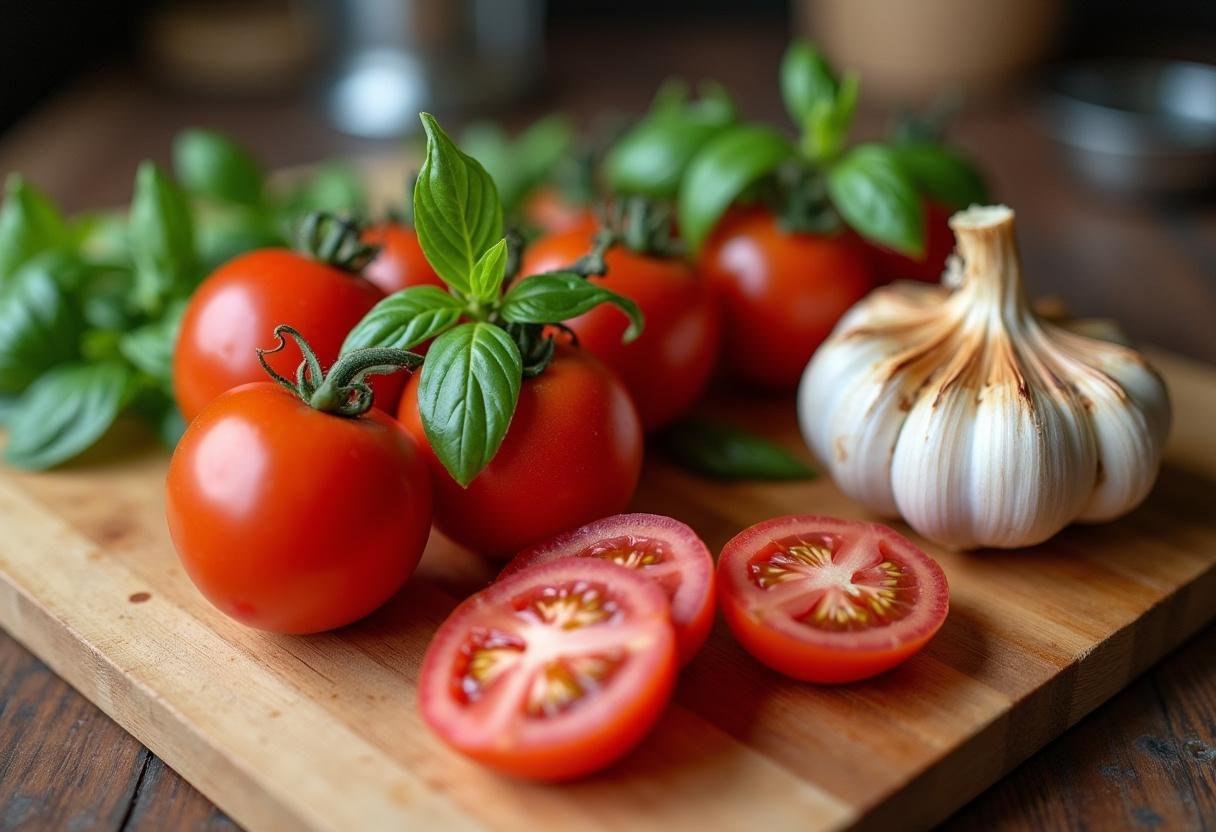Ingredients for Roasted Garlic Tomato Bruschetta on a cutting board, including tomatoes, basil, and roasted garlic.