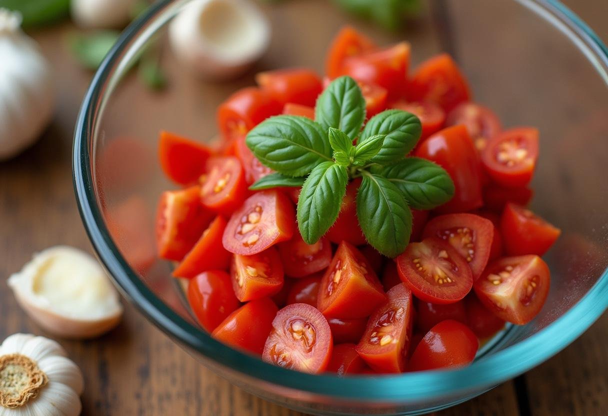 Tomatoes and basil being mixed for Roasted Garlic Tomato Bruschetta, highlighting fresh ingredients.