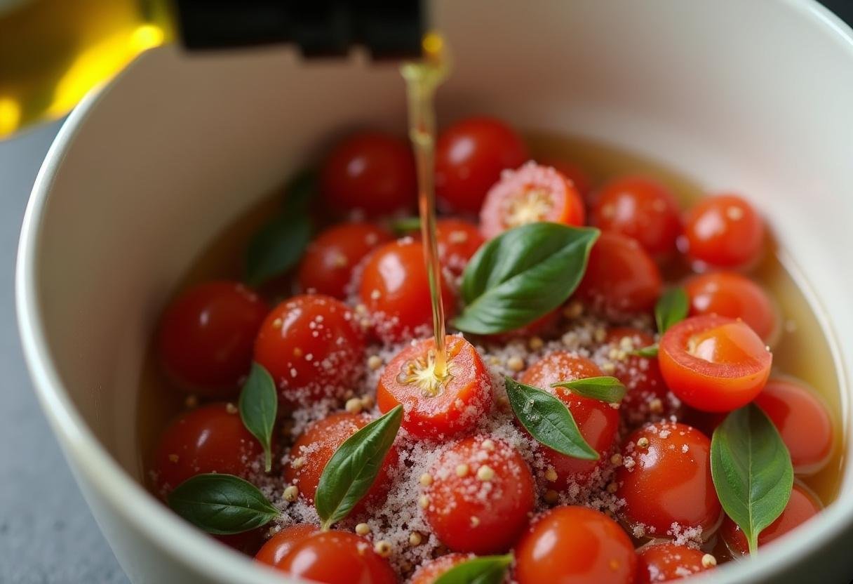 Olive oil being incorporated into the tomato mixture for Roasted Garlic Tomato Bruschetta, enhancing flavor.