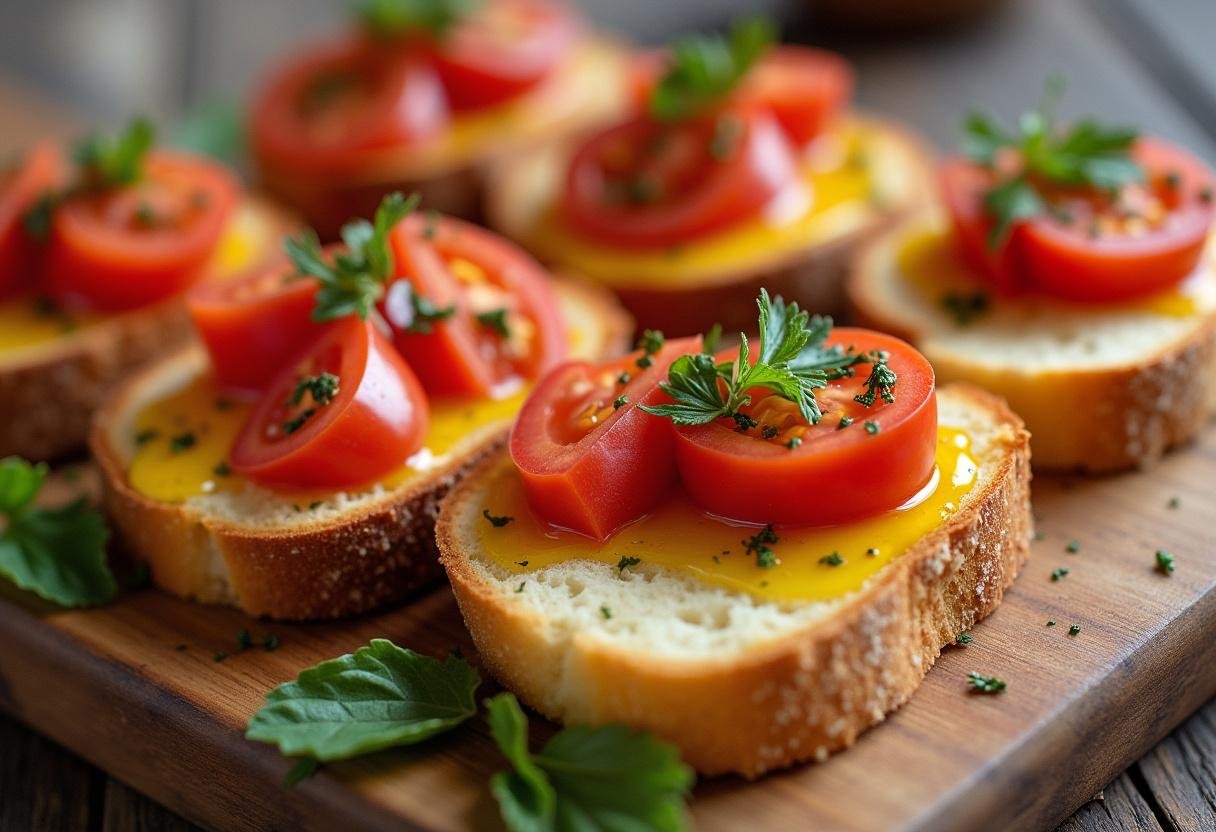Toasted baguette slices on a platter, prepared for Roasted Garlic Tomato Bruschetta, showcasing the crunchiness.