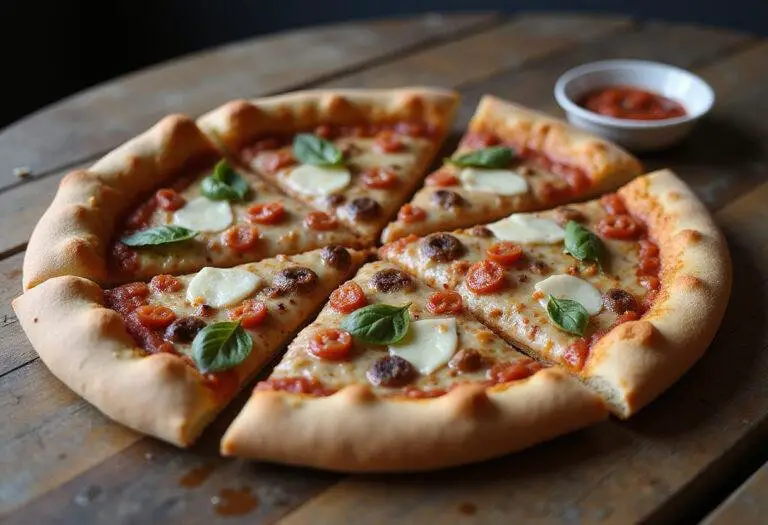 Delicious slices of Rossville pizza displayed on a rustic table, highlighting the melted cheese and colorful toppings, perfect for enjoying.