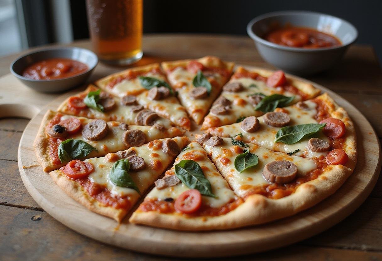 Delicious slices of Rossville pizza displayed on a rustic table, highlighting the melted cheese and colorful toppings, perfect for enjoying.