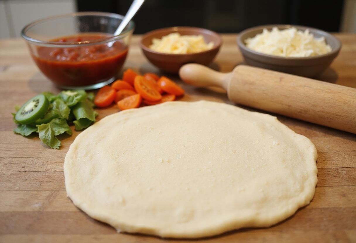 Preparing ingredients for Rossville pizza, including dough, marinara sauce, fresh vegetables, and cheese on a wooden countertop.