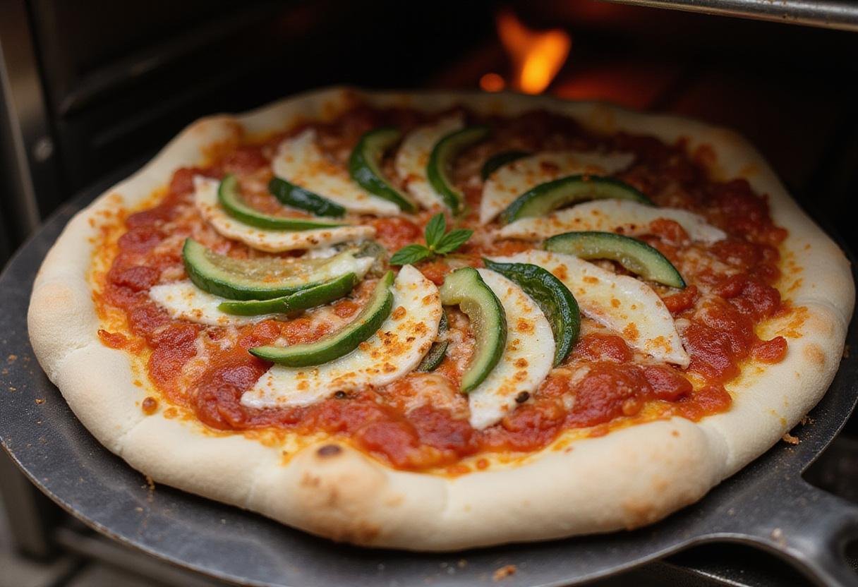 Layering Rossville pizza with marinara sauce, fresh vegetables, and cheese on a pizza peel before baking.