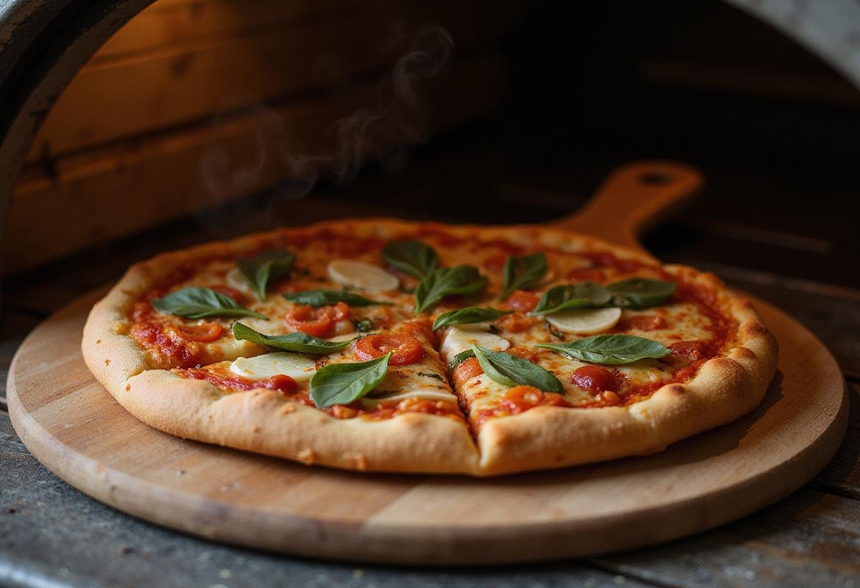 Freshly baked Rossville pizza on a wooden board, with golden crust and colorful toppings, just out of the oven.