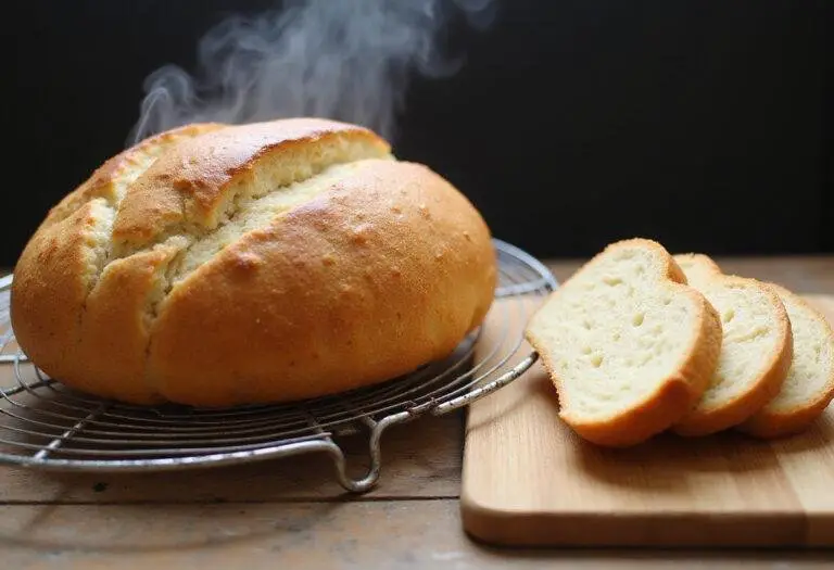 Freshly baked round bread loaf with a golden crust cooling on a rack, showcasing the delicious result of homemade cream bread.