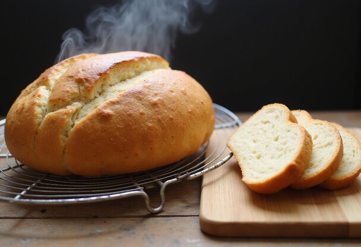 Freshly baked round bread loaf with a golden crust cooling on a rack, showcasing the delicious result of homemade cream bread.