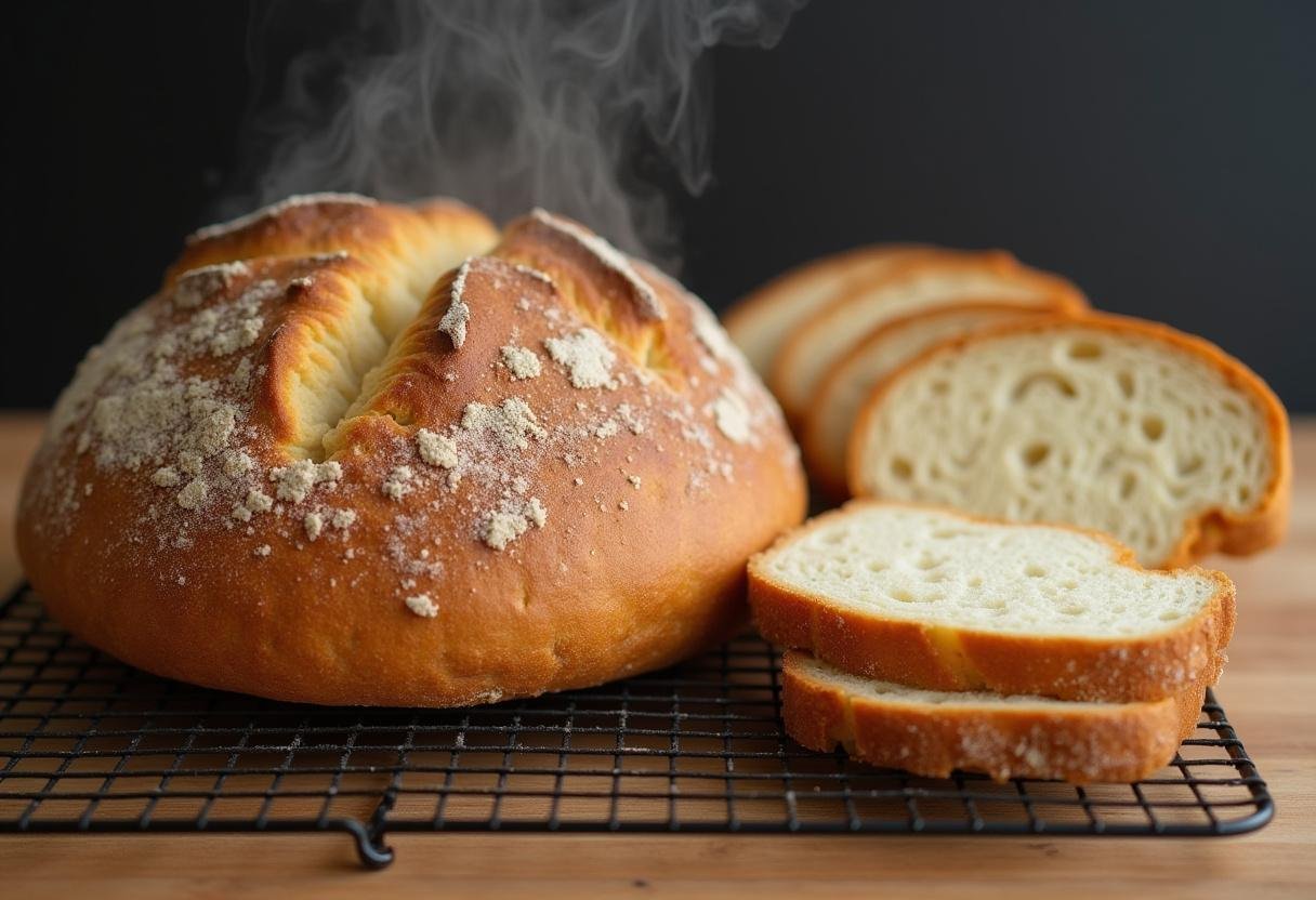 Freshly baked round bread loaf with a golden crust cooling on a rack, showcasing the delicious result of homemade cream bread.