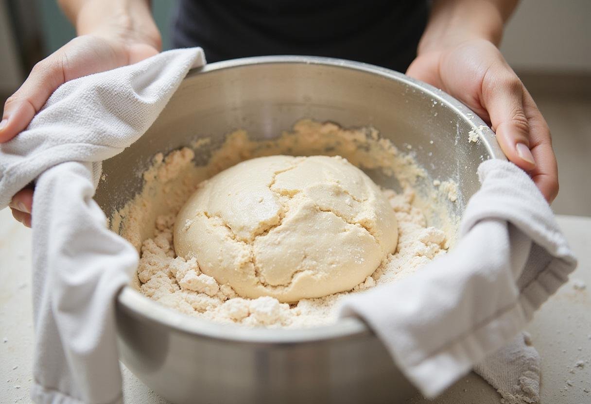 Dough rising in a mixing bowl, an essential step in cream bread making to develop texture in round bread loaf.