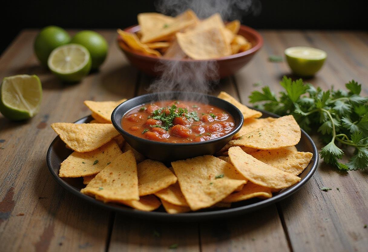 Delicious salsa recipe served with tortilla chips, capturing the essence of fresh ingredients and a vibrant party spread.