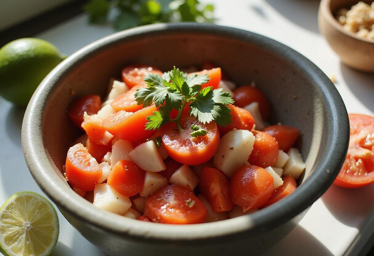 Preparation of salsa with diced ingredients in a mixing bowl, emphasizing the freshness of vegetables and the brightness of lime.