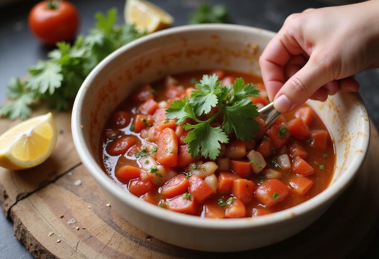 Mixing together the ingredients for a fresh salsa recipe, highlighting the vibrant colors and textures in a joyful kitchen atmosphere.