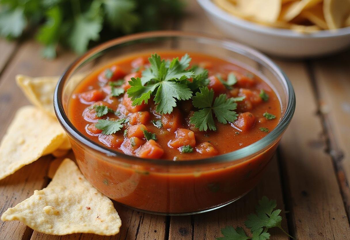 Final presentation of a homemade salsa recipe served in a bowl with tortilla chips, perfect for dipping.