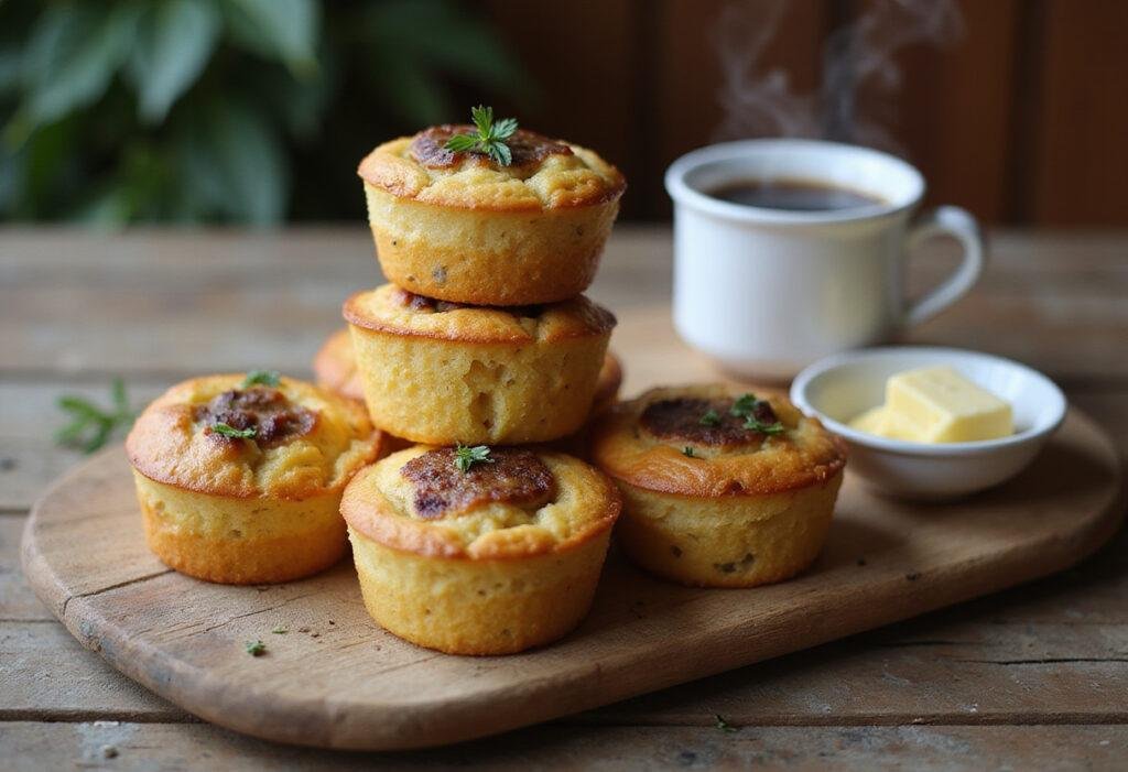 Golden brown sausage muffins served on a rustic board, perfect for breakfast or brunch, garnished with herbs and coffee.