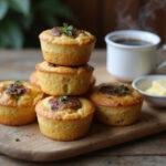 Golden brown sausage muffins served on a rustic board, perfect for breakfast or brunch, garnished with herbs and coffee.