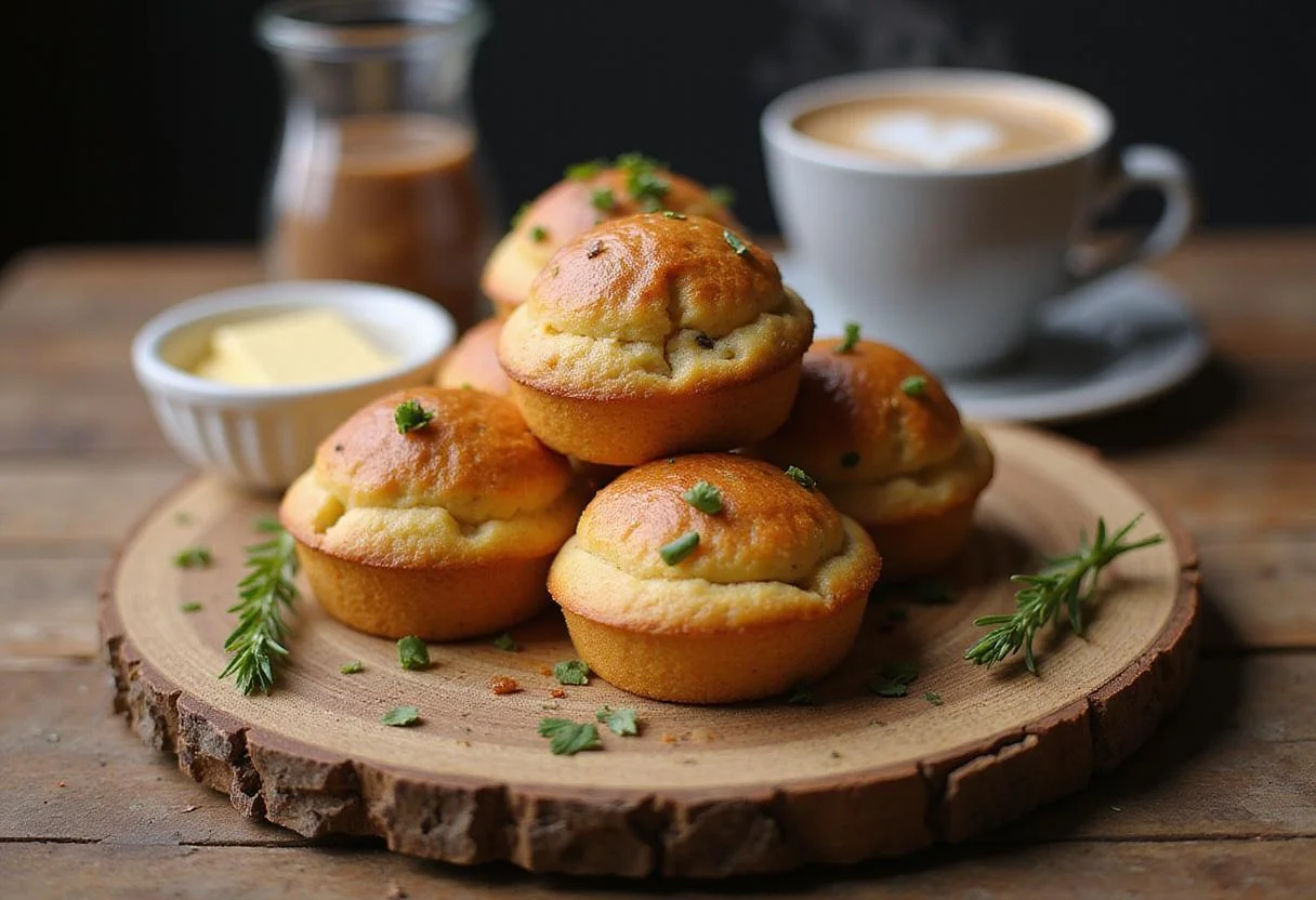 Golden brown sausage muffins served on a rustic board, perfect for breakfast or brunch, garnished with herbs and coffee.