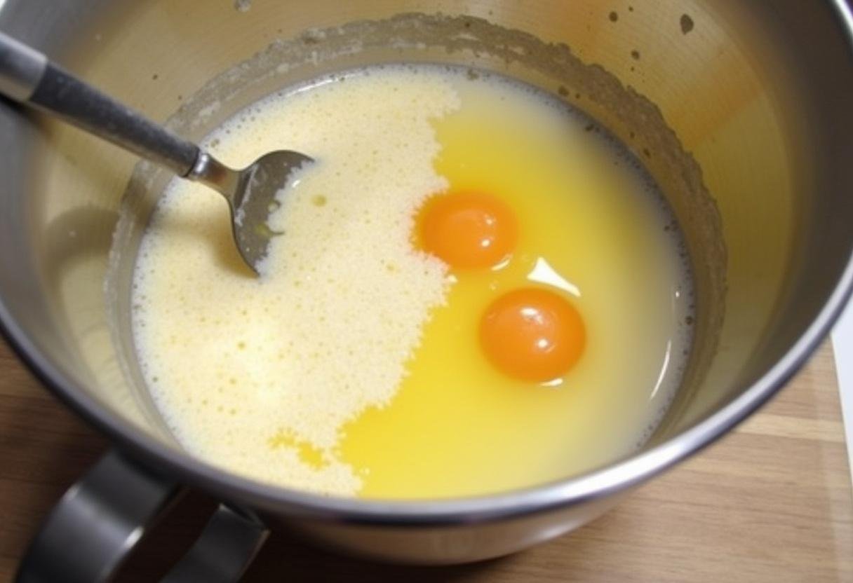 The preparation of biscuit batter for sausage muffins with Bisquick, milk, and eggs in a mixing bowl.