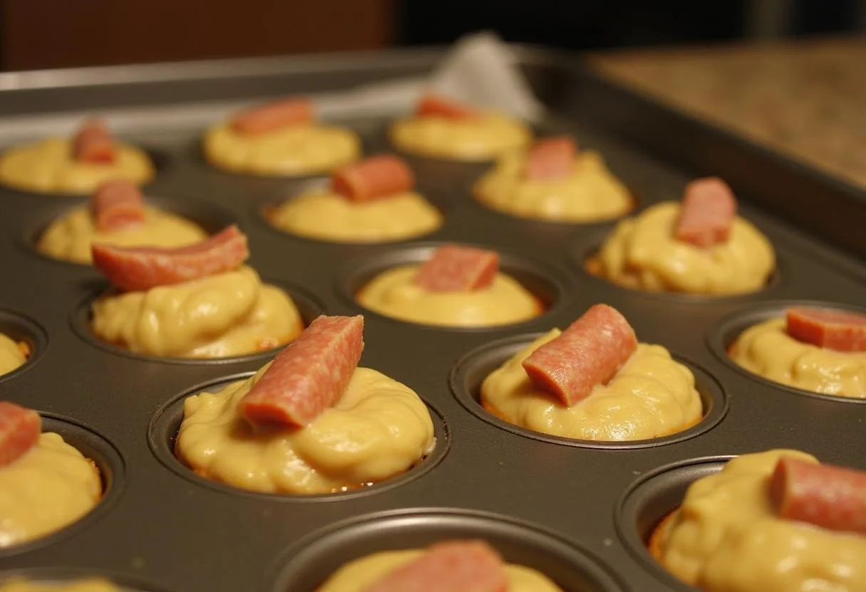 Mini muffin tin ready to bake delicious sausage muffins filled with Bisquick batter and sausage pieces.