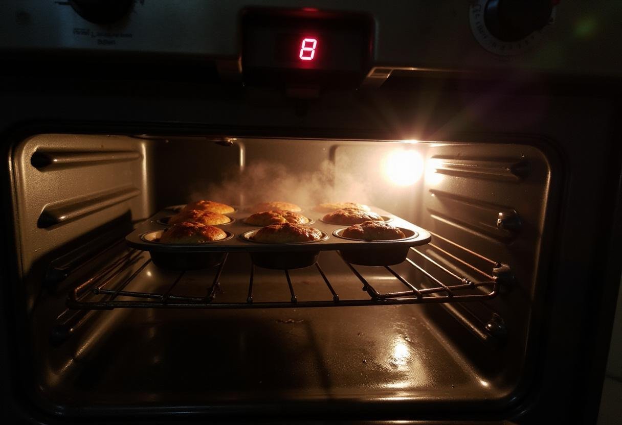Sausage muffins baking in the oven, creating a warm and inviting aroma in the kitchen as they rise and brown.
