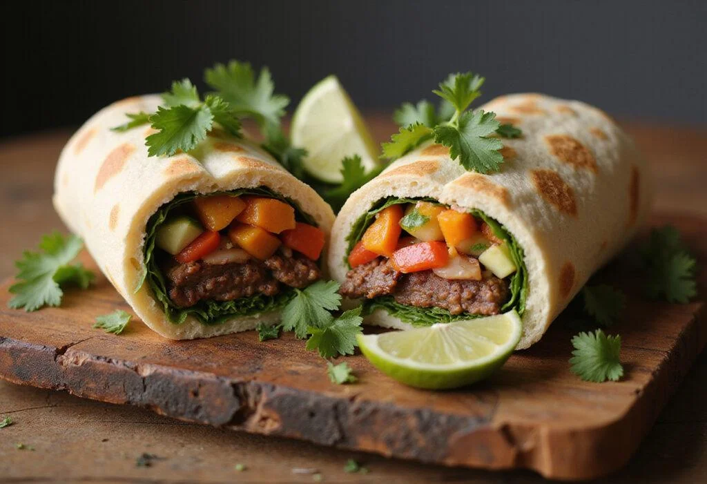 Final presentation of a savory al pastor burrito, sliced to reveal its delicious filling, garnished with lime and herbs.