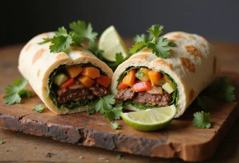 Final presentation of a savory al pastor burrito, sliced to reveal its delicious filling, garnished with lime and herbs.